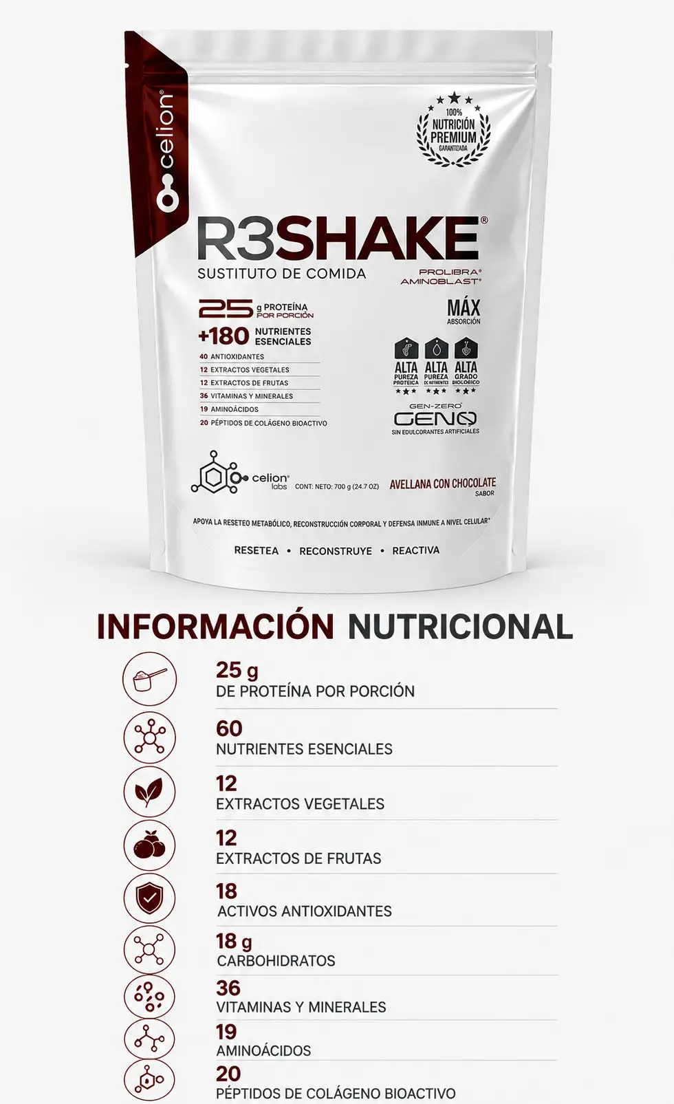 R3SHAKE — Declaración Nutrimental Choco Avellana